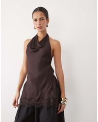 New Look - Satin Cowl Neck Halterneck Top With Lace Trim - Lyst