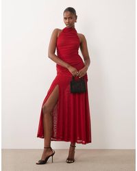 Bardot - Mesh High Neck Ruched Side Thigh Split Maxi Dress - Lyst