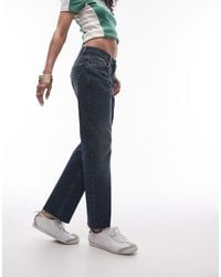 TOPSHOP - Jeans dritti cropped con bordi grezzi a vita medio alta intenso effetto sporco - Lyst