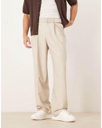 ASOS - Pantalones De Vestir De Pernera Ancha Con Pinzas Delanteras Y Cinturón De -Neutro - Lyst