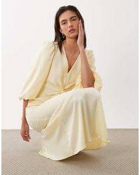 Y.A.S - Knot Front Volume Sleeve Satin Midi Dress - Lyst
