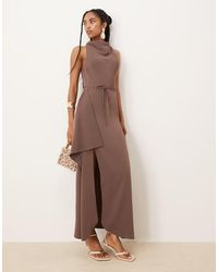 ASOS - Vestido Midi Marrón Con Cuello Subido Y Falda Drapeada De - Lyst