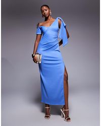 fallen shoulder midi pencil dress with tie detail Hope And Ivy Suzette Off The Shoulder Midi Dress With Pencil Skirt  Cream/purple – SisterOnlinestore main image 0