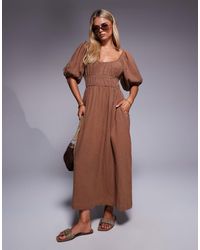 River Island - Robe mi-longue en aspect lin avec manches bouffantes - taupe - Lyst