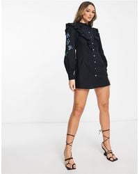 Y.A.S - Embroidered Sleeve Button Through Mini Dress - Lyst