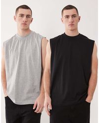 ASOS - Pack De 2 Camisetas De Color Negro Y Gris Básicas Extragrandes Sin Mangas Essentials De - Lyst