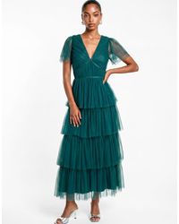 ANAYA - Short Sleeve V Neck Tiered Tulle Midaxi Dress - Lyst