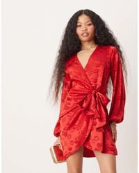 Never Fully Dressed - Petite Lip Embossed Satin Wrap Mini Dress - Lyst
