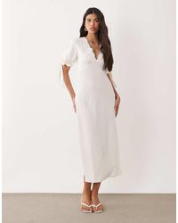 Y.A.S - V Neck Lace Trim Romantic Satin Midi Dress With Tie Sleeve Details - Lyst