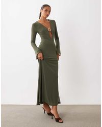 ASOS - Mesh Flute Sleeve Deep Plunge Maxi Dress With Gold Trim Detail - Lyst