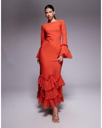 ASOS - Gestreepte Chiffon Maxi-Jurk Met Lange Mouwen En Ruches - Lyst