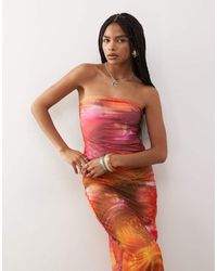 Monki - Top Y Naranja Sin Tirantes Con Estampado Tropical Floral Y Escote Palabra De Honor De Malla De (Parte De Un Conjunto) - Lyst