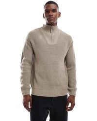 New Look - Maglione Lavorato A Coste Inglesi Color Visone Con Zip Corta - Lyst