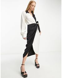 & Other Stories - Vestido camisero midi blanco y negro cruzado con diseño color block - Lyst