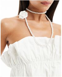 Reclaimed (vintage) - Layered Pearl Necklace With Rose - Lyst
