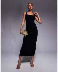 ASOS - Robe mi-longue avec jupe drapée et encolure structurée à larges bretelles - Lyst