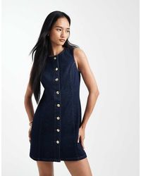 New Look - Getailleerde Denim Mini Jurk Met Knoopsluiting - Lyst