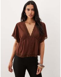 Miss Selfridge - Button Through Tea Top With Lace Trim - Lyst