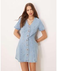 ASOS - Denim Mini Dress With Cinched Waist And Short Sleeve - Lyst