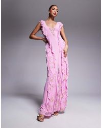 AFRM - Vestido Largo Lila Con Diseño De Paneles De Encaje Y Volantes De Malla Trista De -Morado - Lyst
