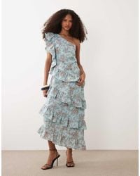 Pretty Lavish - Fleur Linen Mix Tiered One Shoulder Midaxi Dress - Lyst