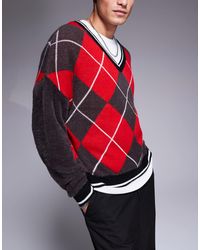 ASOS - Oversized Knitted Crew Neck Jumper With Argyle Pattern - Lyst