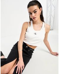 Calvin Klein - Top senza maniche a doppio strato a coste con etichetta con logo - Lyst