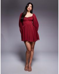 ASOS - Puff Sleeve Chiffon Lace Up Mini Skater Dress - Lyst