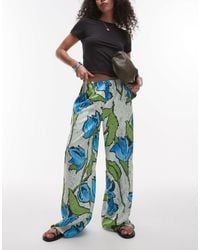 TOPSHOP - And Blue Floral Pull On Satin Wide Leg Trouser - Lyst