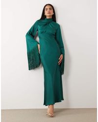 ASOS - Draped Neck Satin Bias Maxi Dress With Fringe Sleeve Detail - Lyst