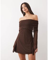 ASOS - Flocked Polka Dot Mini Bardot Off Shoulder Dress With exaggerated Flute Sleeve - Lyst