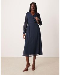 Vila - Long Sleeve V-Neck Midi Dress - Lyst