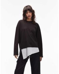 ASOS - Long Sleeve T-Shirt With Lace Satin Asym Hem Detail - Lyst