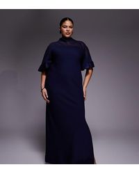ASOS - Asos Design Curve Half Wide Sleeve Column Chiffon And Satin Contrast Dress - Lyst