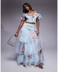 ASOS - Falda Larga Fruncida Con Estampado Floral De Chifón De (Parte De Un Conjunto) - Lyst