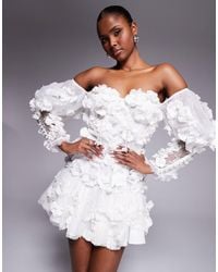 ASOS - 3D Floral Embellished Off Shoulder Puff Sleeve Mini Dress - Lyst