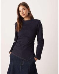 ASOS - Cinched Waist Denim Long Sleeve Top With Shoulder Pads - Lyst