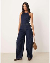 Abercrombie & Fitch - Halterneck Barrel Leg Denim Jumpsuit - Lyst