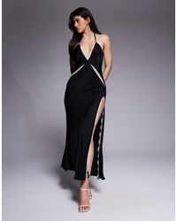 Bardot - Orada Satin Lace Trim Cut Out Slit Front Halter Neck Midaxi Dress - Lyst