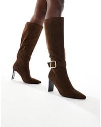 London Rebel - Leah Kitten Heel Knee Boots With Buckle Detail - Lyst