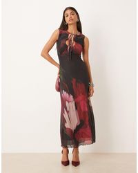 ASOS - Printed Mesh Maxi Dress With Lettuce Hem And Key Hole - Lyst