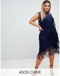 ASOS ASOS DESIGN Curve - Vestito midi trasparente con frange e paillettes - Blu