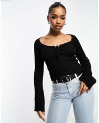 Miss Selfridge - Lace Up Detail Sweetheart Neck Flare Sleeve Knit Rib Top - Lyst