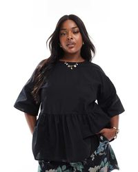 ASOS - Top De Corte Amplio Extragrande De Manga Corta Con Sobrefalda De Mezcla De Lino De Asos Design Curve - Lyst