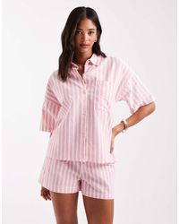 Pull&Bear - Gestreept Oversized Overhemd Van Co-Ord Set Met Korte Mouwen - Lyst