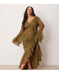 ASOS - Asos Design Curve V Neck Long Sleeve Ruffle Maxi Dress With Cut Out Back - Lyst