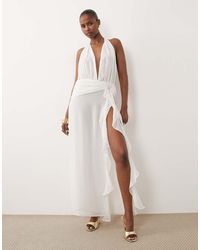 Oh Polly - Mesh Plunge Cowl Halter Neck Thigh Split Beach Maxi Dress - Lyst