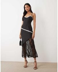 ASOS - Polka Dot Print Mesh Midi Length Dress With Lace Panel Hem - Lyst