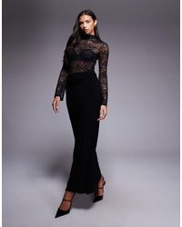 ASOS - High Neck Long Sleeve Sheer Lace With Draped Waist Faux Ord Maxi Dress - Lyst