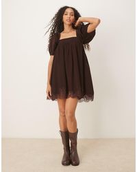 ASOS - Cord Square Neck Babydoll Mini Dress With Puff Sleeve And Lace Trims - Lyst
